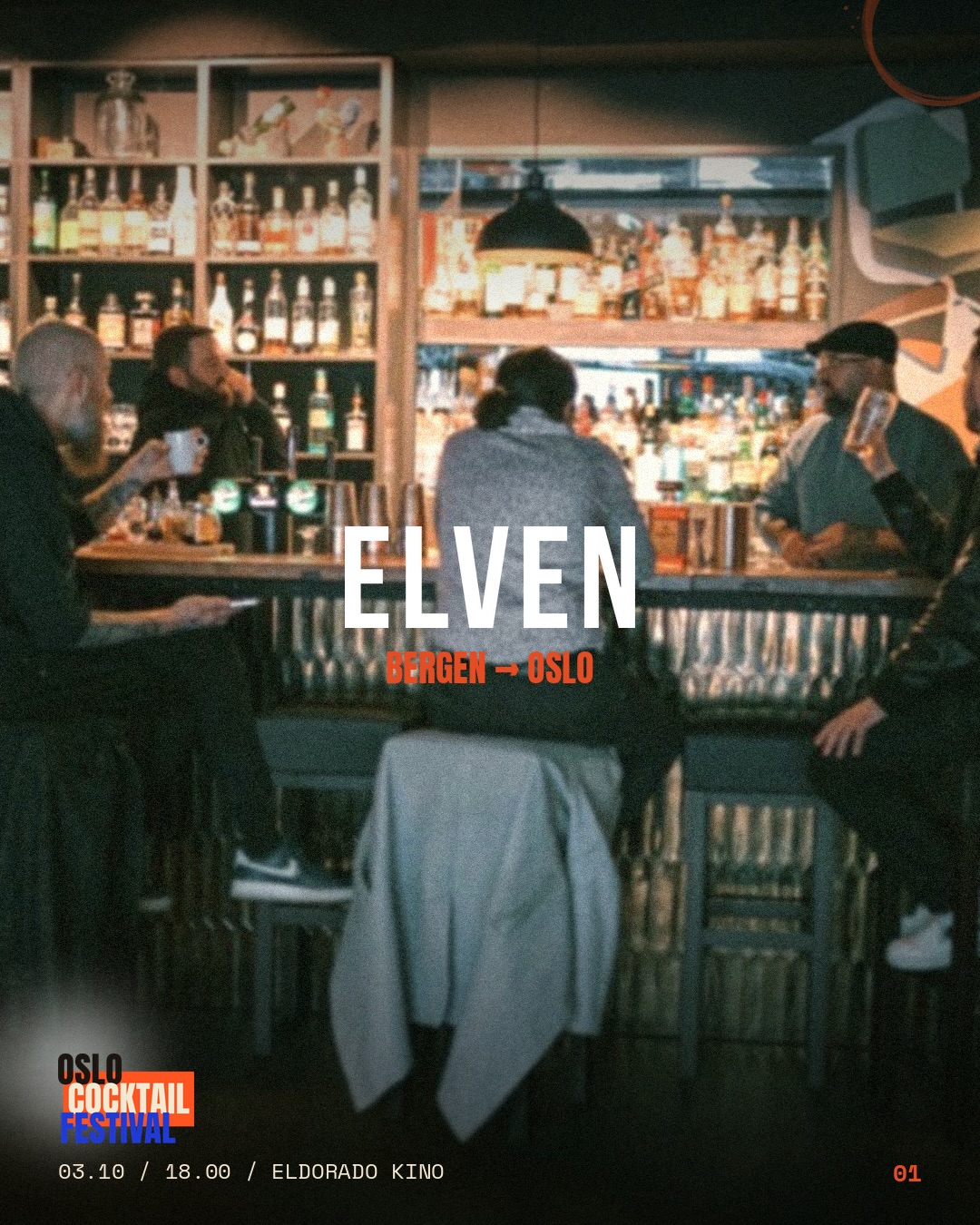Festivalpost 1 av 3: gjester ved bardisken hos Elven, med opplyste hyller bak. Teksten sier Elven, Bergen til Oslo, 3. oktober klokka 18 på Eldorado.