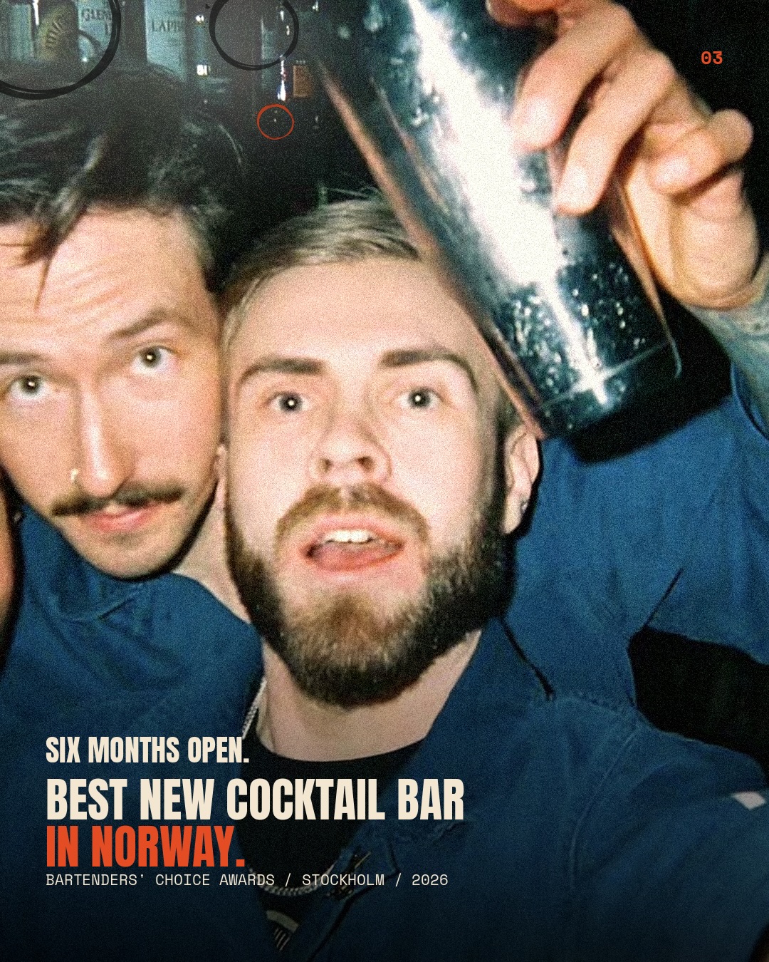 Festivalpost 3 av 3: RØRTs team poserer med en cocktailshaker. Bildet omtaler prisen Beste nye cocktailbar i Norge ved Bartenders’ Choice Awards 2026 og har den opprinnelige teksten Six months open.