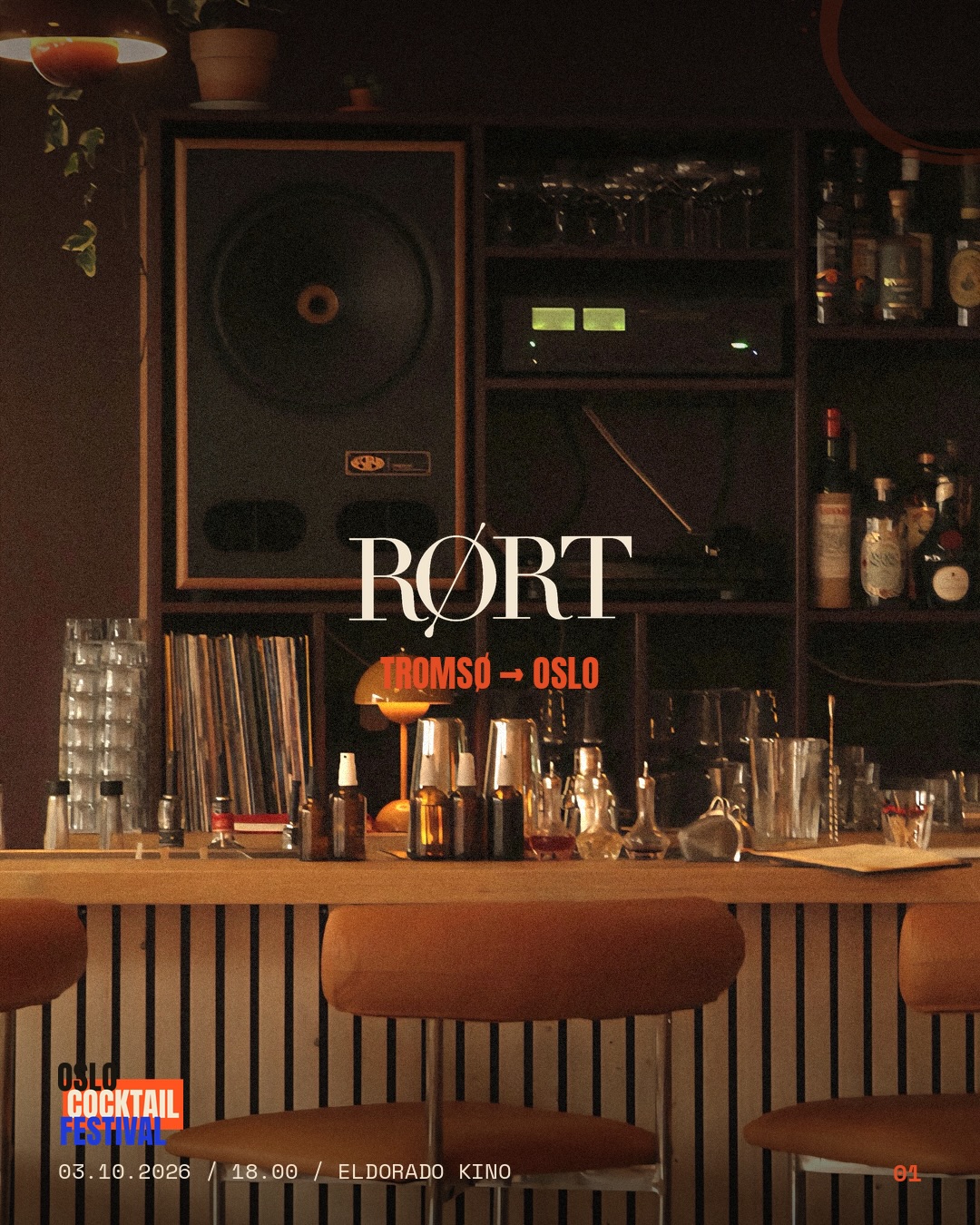 RØRTs bardisk med høyttalere og vinylplater. Festivalpost med RØRT-logo og teksten Tromsø til Oslo.